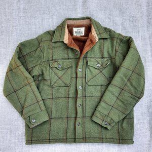 VINTAGE xl WOOLRICH Wool Coat Jacket Green Brown Plaid Fur Lined Zipper VTG
